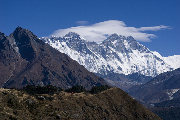 Everest and Lhotse from the plato above Namche Bazaar